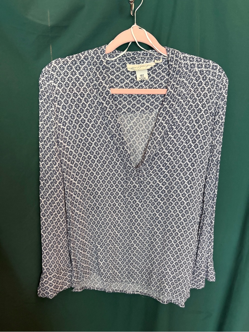 White & Navy Patterned V-Neck Blouse - Women